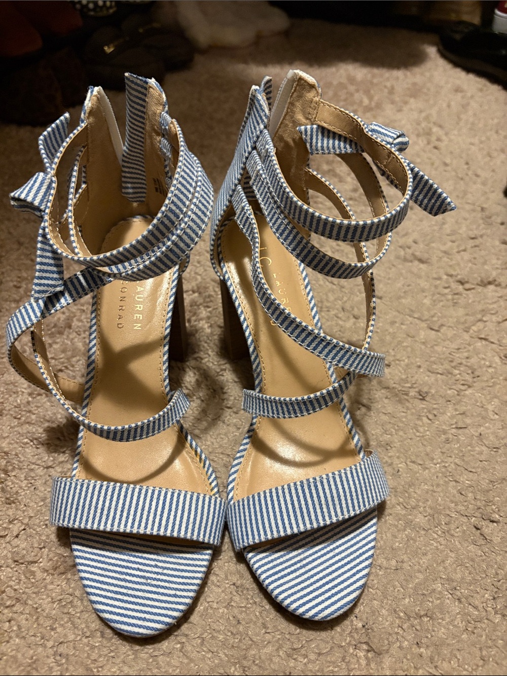 LC Lauren Conrad Blue & White Striped Multi-Strap Block Heel Sandals